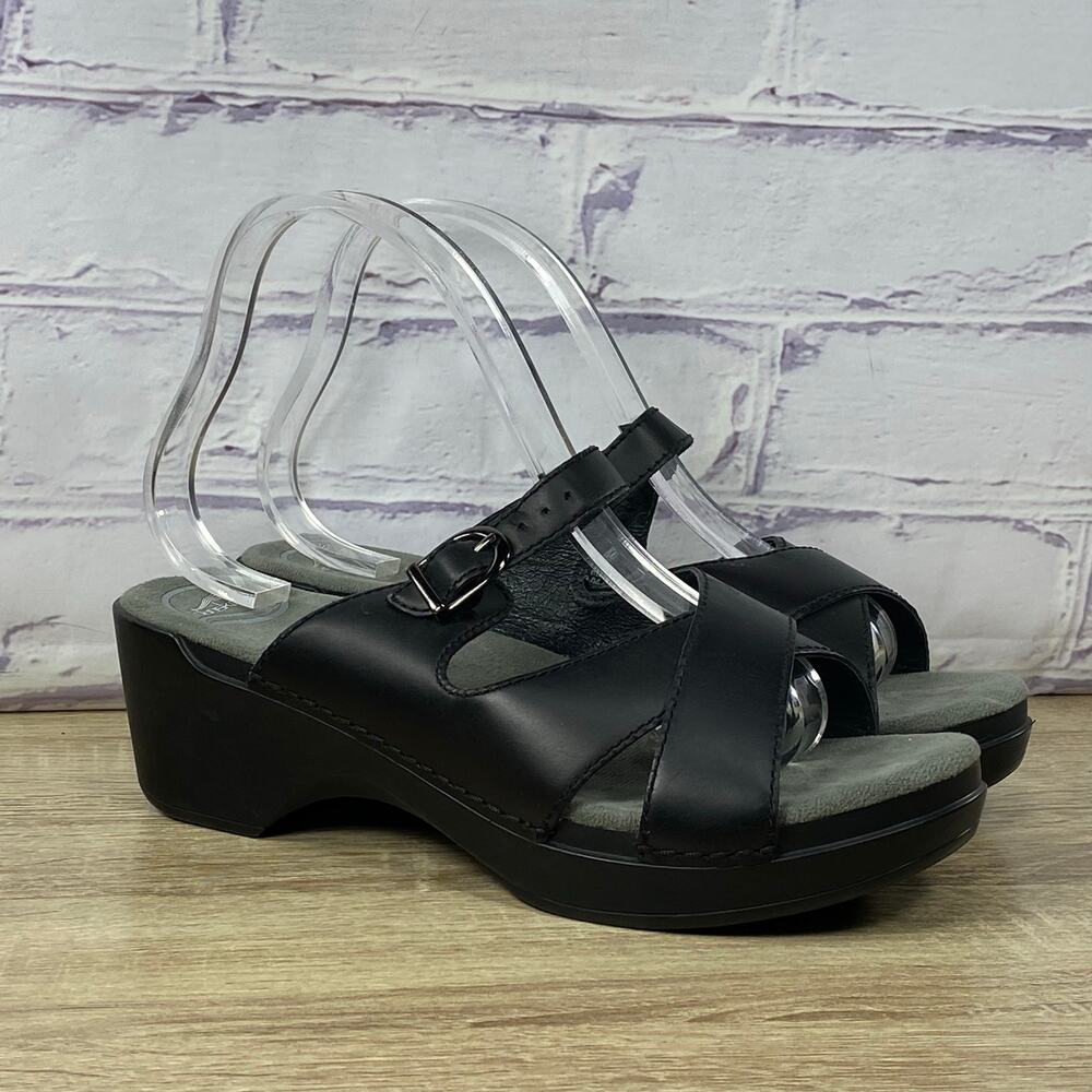 Dansko Black Leather Strappy Wedge Sandals Women's 40 US 9.5-10 Criss Cross - Picture 3 of 8